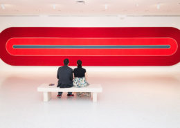 2 people looking at Frank Stella Experiment and Change at NSU Art Museum Fort Lauderdale.