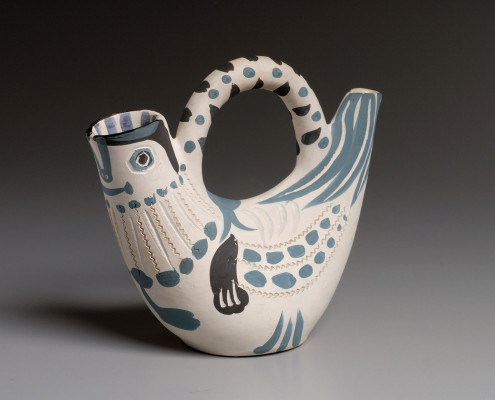 Pablo Picasso Spanish Pitcher, 1954 White earthenware clay, decoration in engobes, glazed inside Collection of NSU Art Museum Fort Lauderdale; gift of Mr. Bernie Bercuson, 1991.32.22 Estate of Pablo Picasso/ Artist Rights Society (ARS), New York.