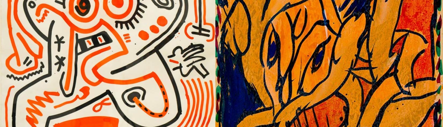 Left: Keith Haring, Untitled, January 15, 1984, Sumi ink on canvas; Courtesy of Rita Krauss and Phyllis Mack, Keith Haring artwork copyright © Keith Haring Foundation. Right: Pierre Alechinsky, Poids Plume (Featherweight), 1980, Acrylic on paper mounted on canvas, NSU Art Museum Fort Lauderdale; Cobra Collection; gift of Golda and Meyer Marks. © 2022 Artists Rights Society (ARS), New York / ADAGP, Paris.