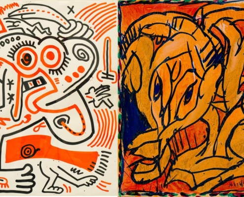 Left: Keith Haring, Untitled, January 15, 1984, Sumi ink on canvas; Courtesy of Rita Krauss and Phyllis Mack, Keith Haring artwork copyright © Keith Haring Foundation. Right: Pierre Alechinsky, Poids Plume (Featherweight), 1980, Acrylic on paper mounted on canvas, NSU Art Museum Fort Lauderdale; Cobra Collection; gift of Golda and Meyer Marks. © 2022 Artists Rights Society (ARS), New York / ADAGP, Paris.