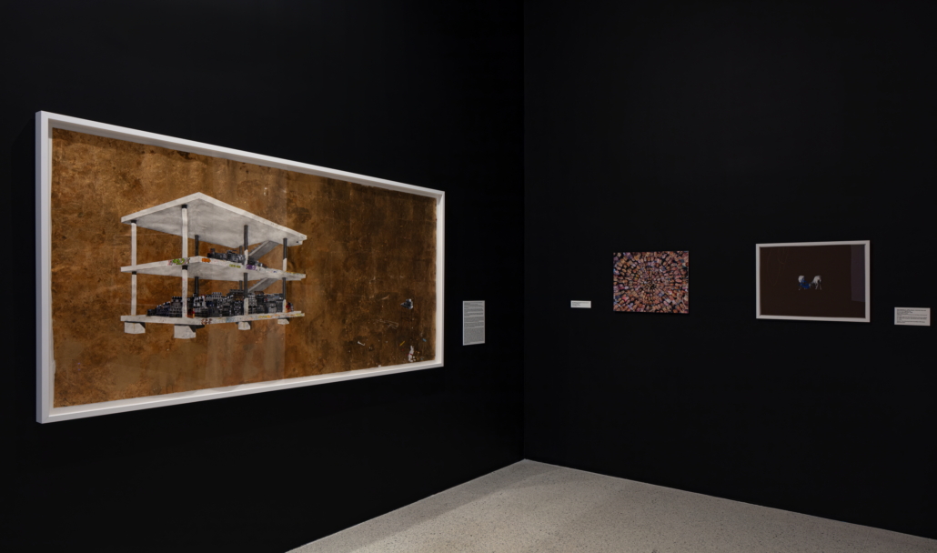 Left to right: william cordova quotidian palimpsest, 2021 John Espinosa People with Eyes, 2004 John Espinosa Rut and Reconstruction, 2001