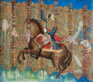 Kathia St. Hilaire Legba, 2020, Oil based relief, canvas, paper, enamel, tire skins, leaves, pigment, fabric and metal. Courtesy of Michael and Leslie Weissman.