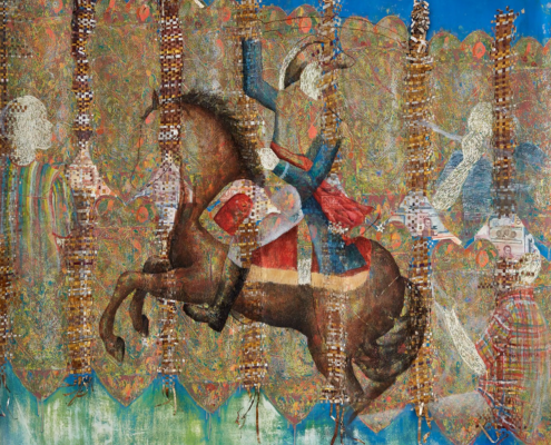 Kathia St. Hilaire Legba, 2020, Oil based relief, canvas, paper, enamel, tire skins, leaves, pigment, fabric and metal. Courtesy of Michael and Leslie Weissman.