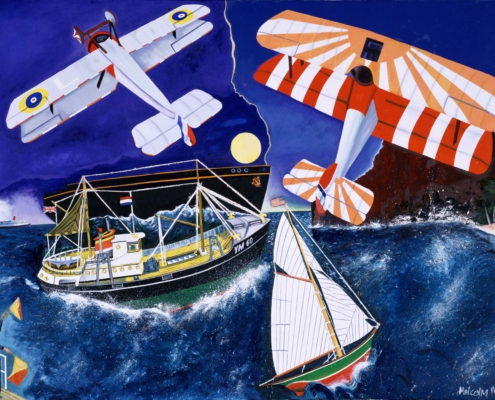 Malcolm Morley, Man Overboard, 1994 Oil on canvas with 3 paper flags, Courtesy of Hall Collection