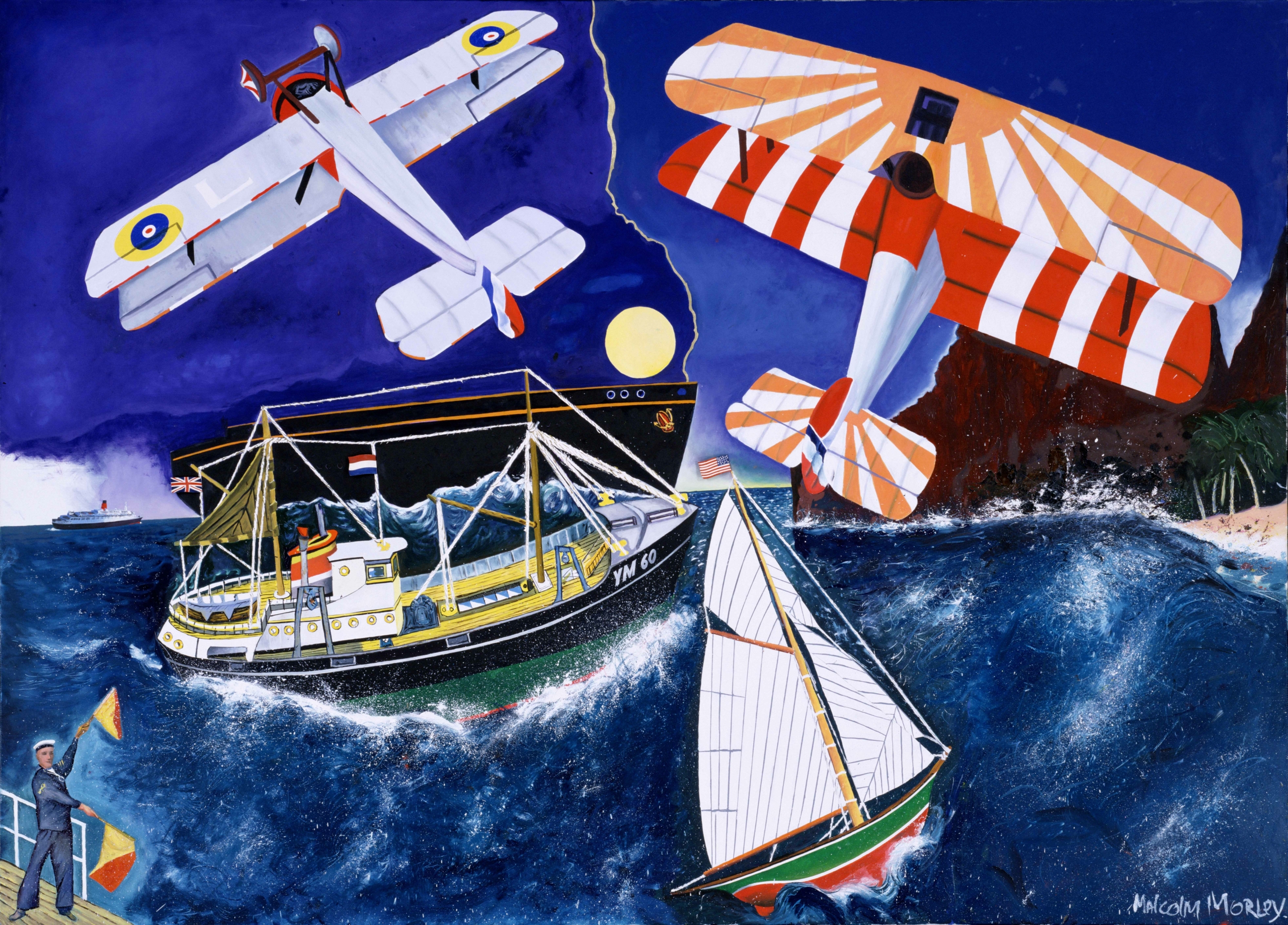 Malcolm Morley, Man Overboard, 1994 Oil on canvas with 3 paper flags, Courtesy of Hall Collection