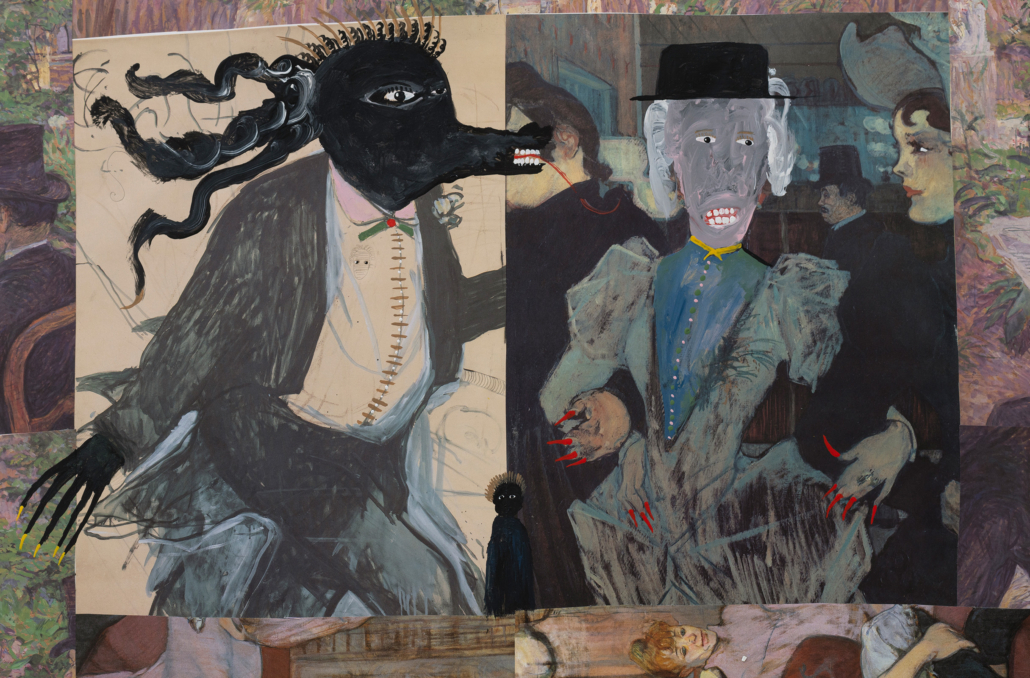 Emilio Martinez, The love approach, 2022 Paper collage, acrylic, graphite on Toulouse Lautrec history book page. Courtesy Emilio Martinez. Photo by Michael R. Lopez. © Emilio Martinez