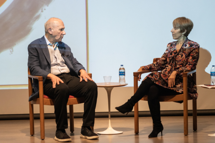 David Mirvish and Bonnie Clearwater giving a talk during the opening of Glory of the World: Color Field Painting (1950s to 1983) at NSU Art Museum Fort Lauderdale.
