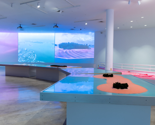 Installation image of Christo and Jeanne-Claude Surrounded Islands Documentation Exhibition, 2025. Courtesy of NSU Art Museum Fort Lauderdale.
