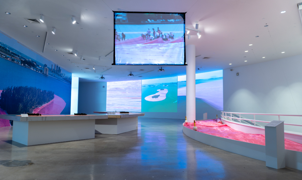 Installation image of Christo and Jeanne-Claude Surrounded Islands Documentation Exhibition, 2025. Courtesy of NSU Art Museum Fort Lauderdale.