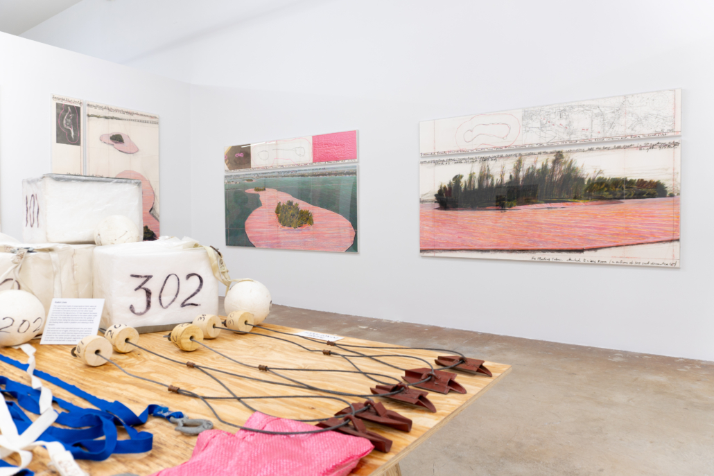 Installation image of Christo and Jeanne-Claude Surrounded Islands Documentation Exhibition, 2025. Courtesy of NSU Art Museum Fort Lauderdale.