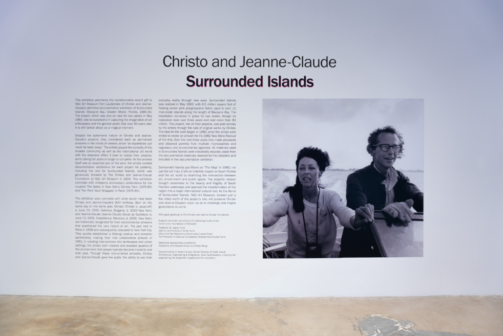 Installation image of Christo and Jeanne-Claude Surrounded Islands Documentation Exhibition, 2025. Courtesy of NSU Art Museum Fort Lauderdale.