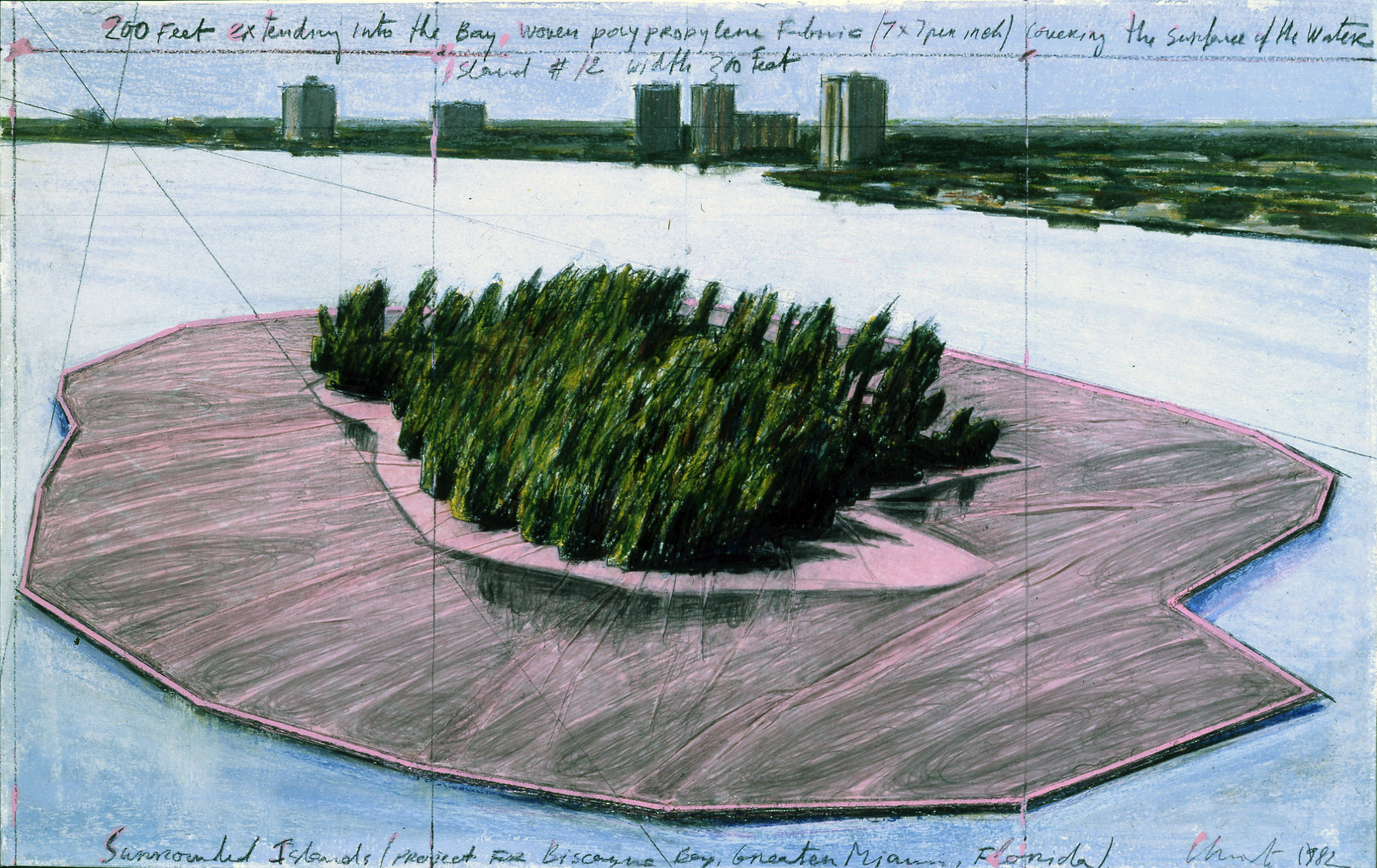 Christo, Surrounded Islands (Project for Biscayne Bay, Greater Miami, Florida), 1982 Copyright: 2024 Christo and Jeanne-Claude Foundation Collection NSU Art Museum Fort Lauderdale: Gift of the Christo and Jeanne-Claude Foundation