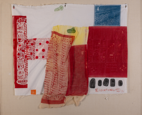 Robert Rauschenberg, Switchboard (Airport Suite), 1974, Relief and intaglio print on fabric with collage elements, 32 in x 36 in (81.2 x 91.4 cm), NSU Art Museum Fort Lauderdale; gift of Mr. and Mrs. Francis McCahill 77.36. © Robert Rauschenberg/VAGA. Licensed by Viscopy