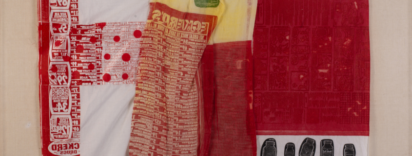 Robert Rauschenberg, Switchboard (Airport Suite), 1974, Relief and intaglio print on fabric with collage elements, 32 in x 36 in (81.2 x 91.4 cm), NSU Art Museum Fort Lauderdale; gift of Mr. and Mrs. Francis McCahill 77.36. © Robert Rauschenberg/VAGA. Licensed by Viscopy