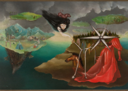 Leonora Carrington, Artes 110 (Arts 110), 8 Febrie, 1944, Oil on canvas, 16 x 24 in (40.6 x 60.9 cm), NSU Art Museum Fort Lauderdale; promised gift of Pearl and Stanley Goodman, PG2012.1.12. © 2025 Estate of Leonora Carrington / Artists Rights Society (ARS), New York.