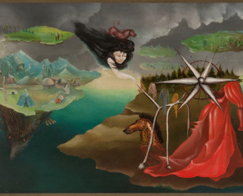 Leonora Carrington, Artes 110 (Arts 110), 8 Febrie, 1944, Oil on canvas, 16 x 24 in (40.6 x 60.9 cm), NSU Art Museum Fort Lauderdale; promised gift of Pearl and Stanley Goodman, PG2012.1.12. © 2025 Estate of Leonora Carrington / Artists Rights Society (ARS), New York.