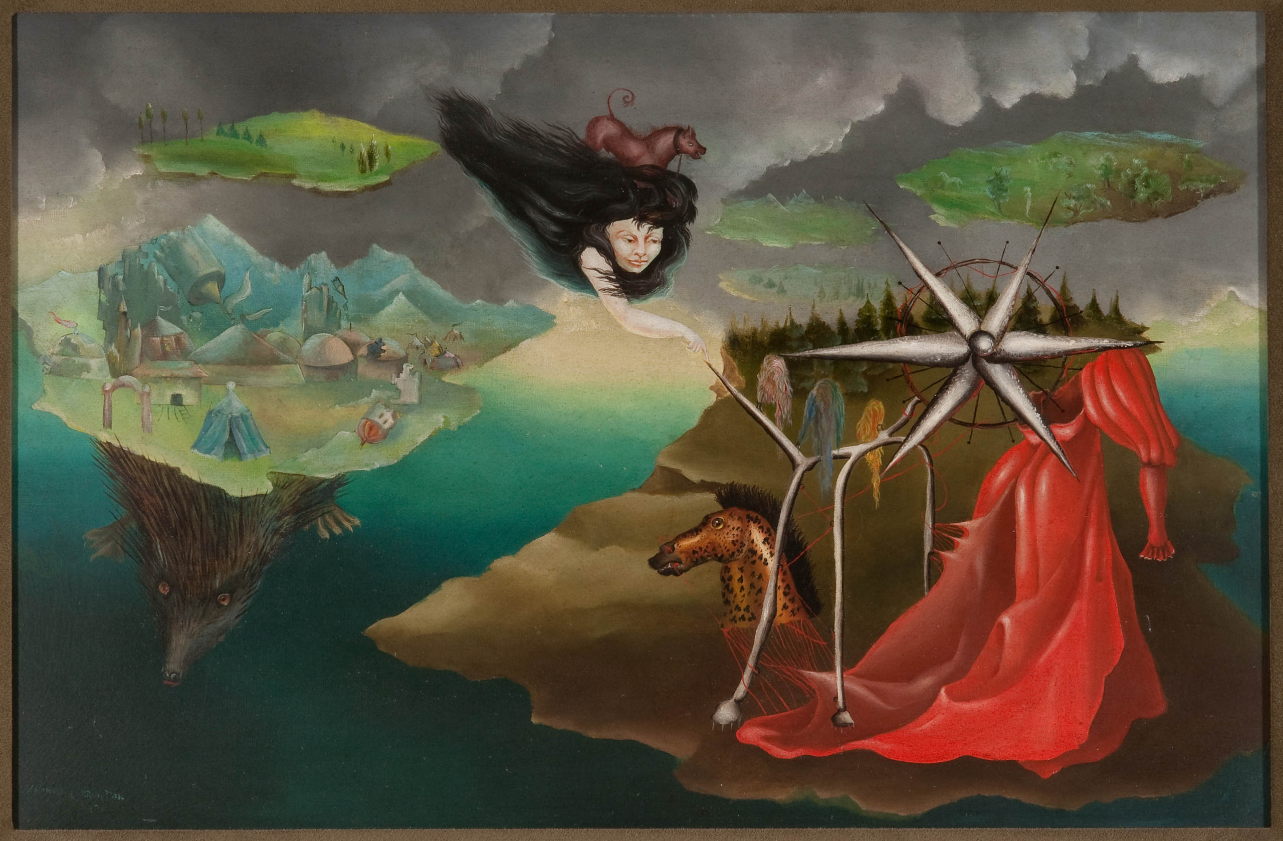 Leonora Carrington, Artes 110 (Arts 110), 8 Febrie, 1944, Oil on canvas, 16 x 24 in (40.6 x 60.9 cm), NSU Art Museum Fort Lauderdale; promised gift of Pearl and Stanley Goodman, PG2012.1.12. © 2025 Estate of Leonora Carrington / Artists Rights Society (ARS), New York.