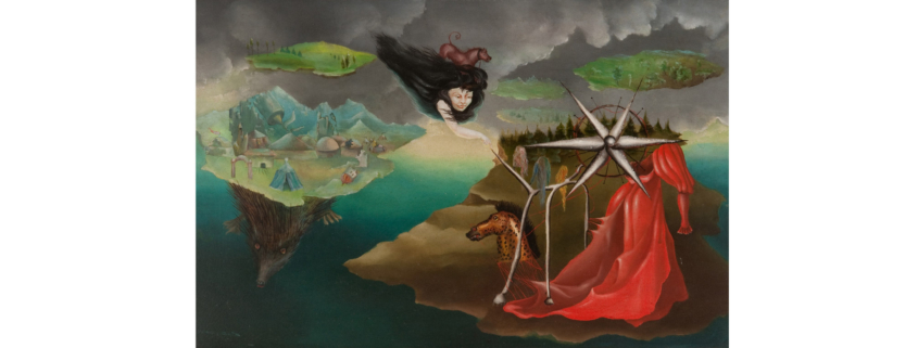 Leonora Carrington, Artes 110 (Arts 110), 8 Febrie, 1944, Oil on canvas, 16 x 24 in (40.6 x 60.9 cm), NSU Art Museum Fort Lauderdale; promised gift of Pearl and Stanley Goodman, PG2012.1.12. © 2025 Estate of Leonora Carrington / Artists Rights Society (ARS), New York.