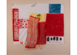 Robert Rauschenberg, Switchboard (Airport Suite), 1974, Relief and intaglio print on fabric with collage elements, 32 in x 36 in (81.2 x 91.4 cm), NSU Art Museum Fort Lauderdale; gift of Mr. and Mrs. Francis McCahill 77.36. © 2025 Robert Rauschenberg Foundation / Licensed by VAGA at Artists Rights Society (ARS), NY