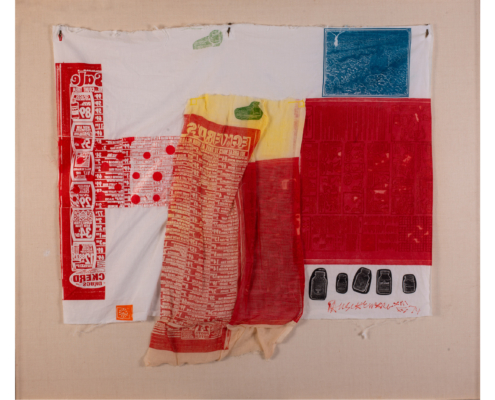 Robert Rauschenberg, Switchboard (Airport Suite), 1974, Relief and intaglio print on fabric with collage elements, 32 in x 36 in (81.2 x 91.4 cm), NSU Art Museum Fort Lauderdale; gift of Mr. and Mrs. Francis McCahill 77.36. © 2025 Robert Rauschenberg Foundation / Licensed by VAGA at Artists Rights Society (ARS), NY