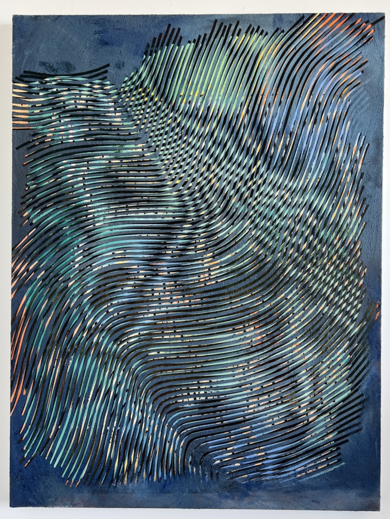 Artwork info: Addison Wolff, Pass your boy the heatwave, recreate the sun, 2025, Synthetic polymer and Roll-A-Tex on canvas, 48 x 36 in (121.9 x 91.4 cm), Collection of JP Morgan Chase, Courtesy of the artist.