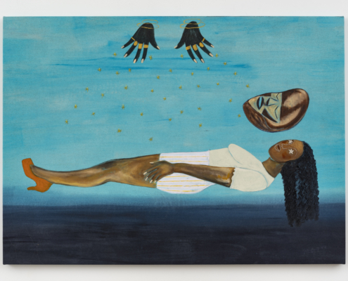 Levitation, 2025 Acrylic paint, embroidery and applications on linen Object: 32.125 in x 44.75 in (81.598 cm x 113.665 cm) NSU Art Museum Fort Lauderdale; purchased through the Susan S. Miller Acquisitions Fund