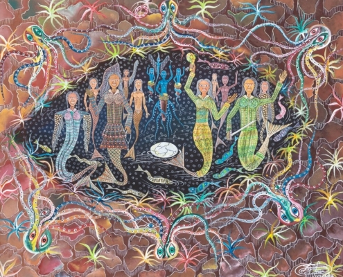 Frantz Zéphirin, Ceremonie Zeïdes Medji La Mère des Erzulies (Ceremony of the Zeïdes Medji, the Mother of the Erzulies.), 2016, Acrylic on canvas, 20 x 24 inches, Copyright the artist, courtesy of CENTRAL FINE and El-Saieh.