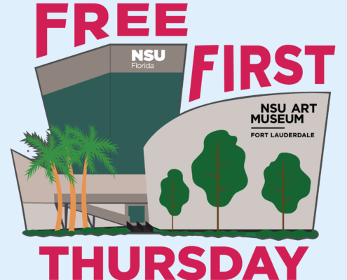 Graphic of NSU Art Museum Exterior with Free First Thursday Text