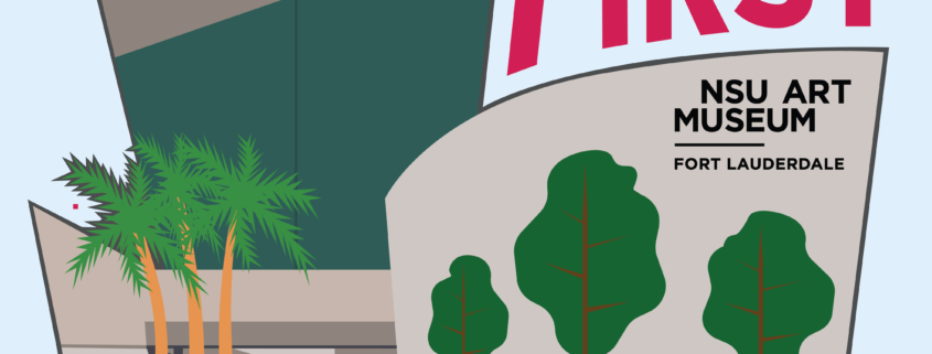 Graphic of NSU Art Museum Exterior with Free First Thursday Text