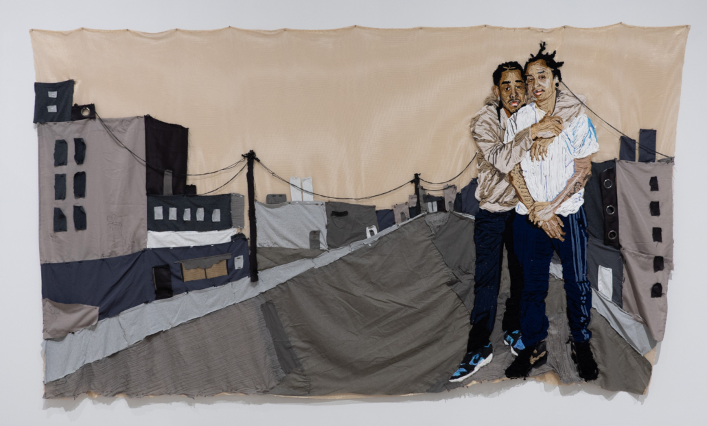 KandyLopez Kandy Lopez fiber artwork of two people standing in a street.