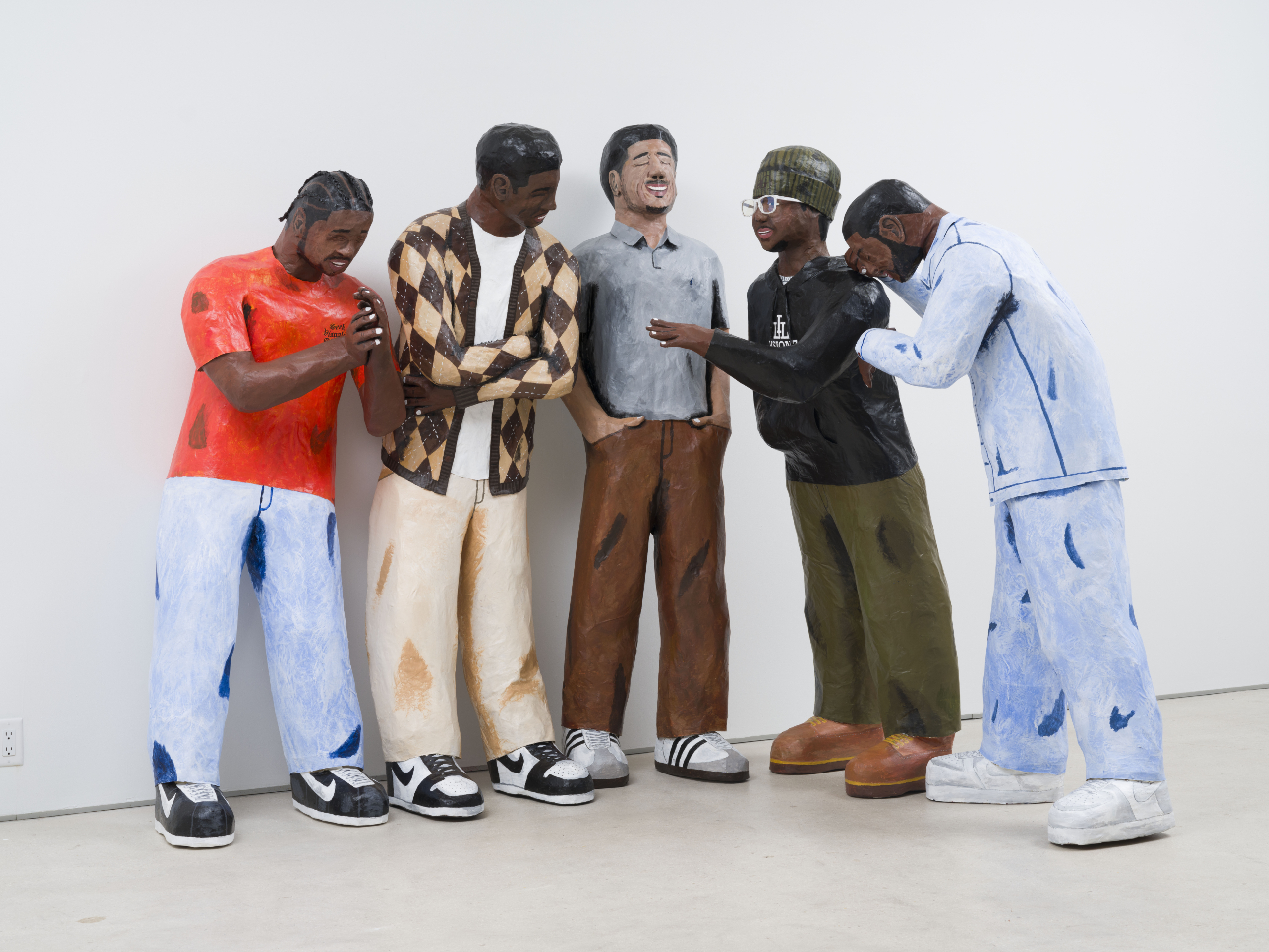 Piero Penizzotto, Kings of Comedy (Chris, Imani, Bernard, Calvin, Dre), 2024 Papier-mâché, foam and acrylic Photography by Oriol Tarridas Courtesy of the Artist and Primary Piero Penizzotto, Kings of Comedy (Chris, Imani, Bernard, Calvin, Dre), 2024 Papier-mâché, foam and acrylic Photography by Oriol Tarridas Courtesy of the Artist and Primary