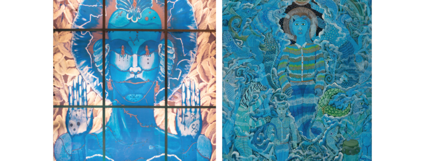 From left to right: Edouard Duval-Carrié, The Indigo Room or Is Memory Water Soluble?, 2004. NSU Art Museum Fort Lauderdale; acquired by exchange through the Dorothy A. Smith Bequest. Frantz Zéphirin, La Métamorphose d’Erzulie, 1996. Acrylic on canvas. NSU Art Museum Fort Lauderdale; gift of Carol J. Horning.