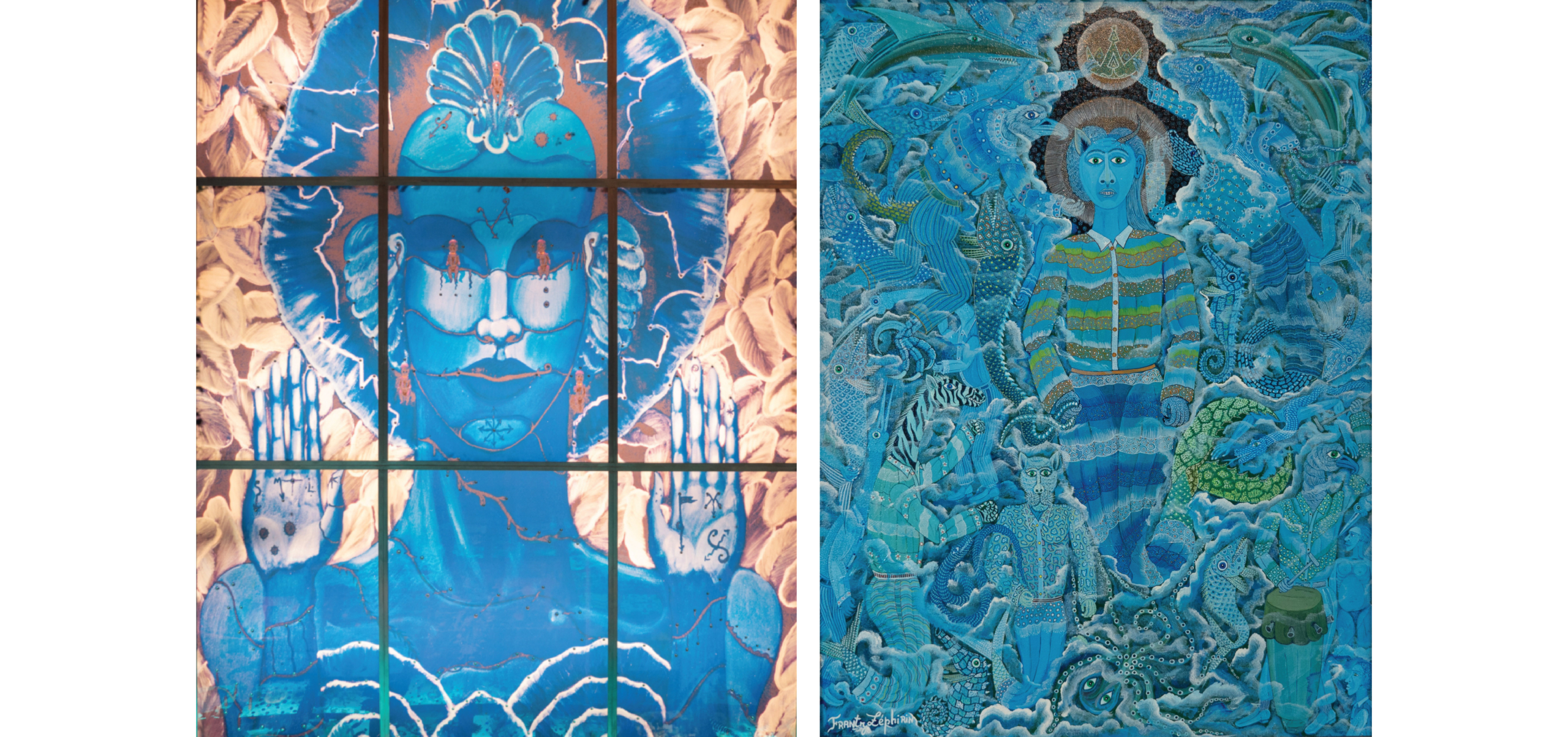 From left to right: Edouard Duval-Carrié, The Indigo Room or Is Memory Water Soluble?, 2004. NSU Art Museum Fort Lauderdale; acquired by exchange through the Dorothy A. Smith Bequest. Frantz Zéphirin, La Métamorphose d’Erzulie, 1996. Acrylic on canvas. NSU Art Museum Fort Lauderdale; gift of Carol J. Horning.