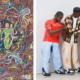 image from left to right: Frantz Zéphirin, Ceremonie Zeïdes Medji La Mère des Erzulies (Ceremony of the Zeïdes Medji, the Mother of the Erzulies.), 2016, Acrylic on canvas, 20 x 24 inches, Copyright the artist, courtesy of CENTRAL FINE and El-Saieh. Piero Penizzotto, Kings of Comedy (Chris, Imani, Bernard, Calvin, Dre), 2024. Papier-mâché, foam and acrylic. Photography by Oriol Tarridas. Courtesy of the Artist and Primary.
