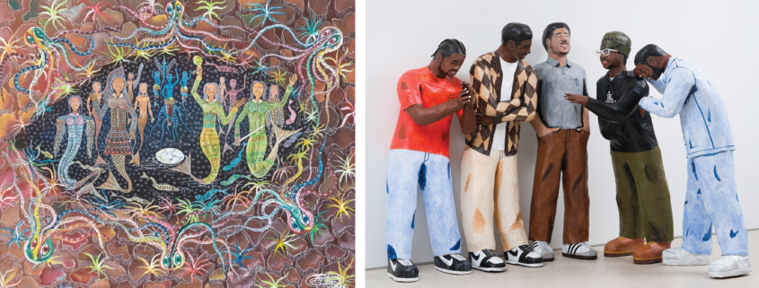 image from left to right: Frantz Zéphirin, Ceremonie Zeïdes Medji La Mère des Erzulies (Ceremony of the Zeïdes Medji, the Mother of the Erzulies.), 2016, Acrylic on canvas, 20 x 24 inches, Copyright the artist, courtesy of CENTRAL FINE and El-Saieh. Piero Penizzotto, Kings of Comedy (Chris, Imani, Bernard, Calvin, Dre), 2024. Papier-mâché, foam and acrylic. Photography by Oriol Tarridas. Courtesy of the Artist and Primary.