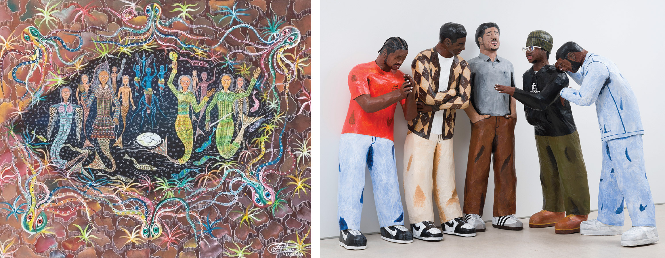 image from left to right: Frantz Zéphirin, Ceremonie Zeïdes Medji La Mère des Erzulies (Ceremony of the Zeïdes Medji, the Mother of the Erzulies.), 2016, Acrylic on canvas, 20 x 24 inches, Copyright the artist, courtesy of CENTRAL FINE and El-Saieh. Piero Penizzotto, Kings of Comedy (Chris, Imani, Bernard, Calvin, Dre), 2024. Papier-mâché, foam and acrylic. Photography by Oriol Tarridas. Courtesy of the Artist and Primary.