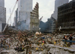 Joel Meyerowitz, Rescue Workers on the Plaza, New York City, 2001 Chromogenic print mounted on plexiglass. Collection NSU Art Museum Fort Lauderdale; Gift of Joel Meyerowitz ©Joel Meyerowitz, Courtesy Howard Greenberg Gallery.