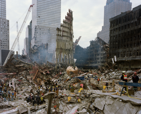 Joel Meyerowitz, Rescue Workers on the Plaza, New York City, 2001 Chromogenic print mounted on plexiglass. Collection NSU Art Museum Fort Lauderdale; Gift of Joel Meyerowitz ©Joel Meyerowitz, Courtesy Howard Greenberg Gallery.